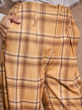 Beige Check High Rise Wide Leg Pants-SASSAFRAS