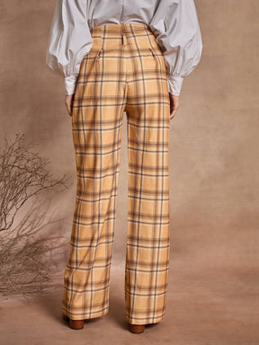 Beige Check High Rise Wide Leg Pants-SASSAFRAS