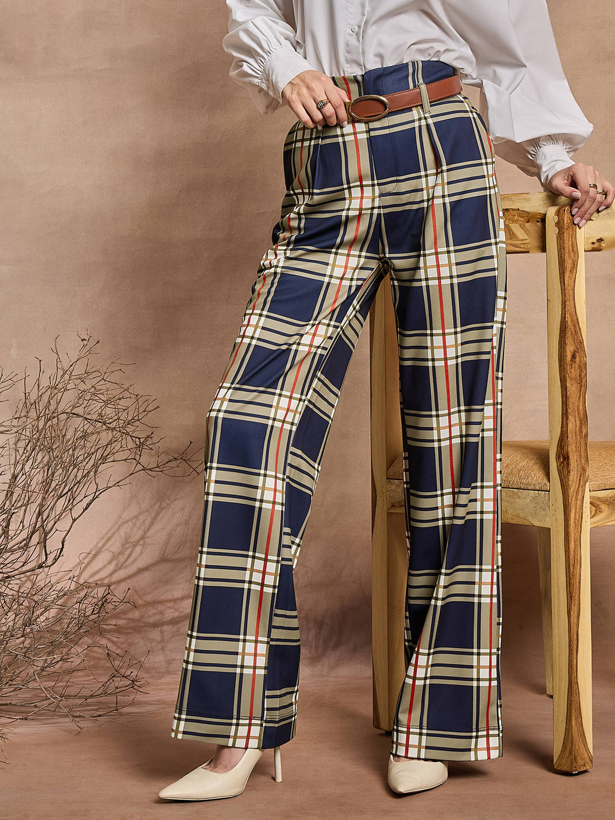 Navy Blue Check High Rise Wide Leg Pants-SASSAFRAS