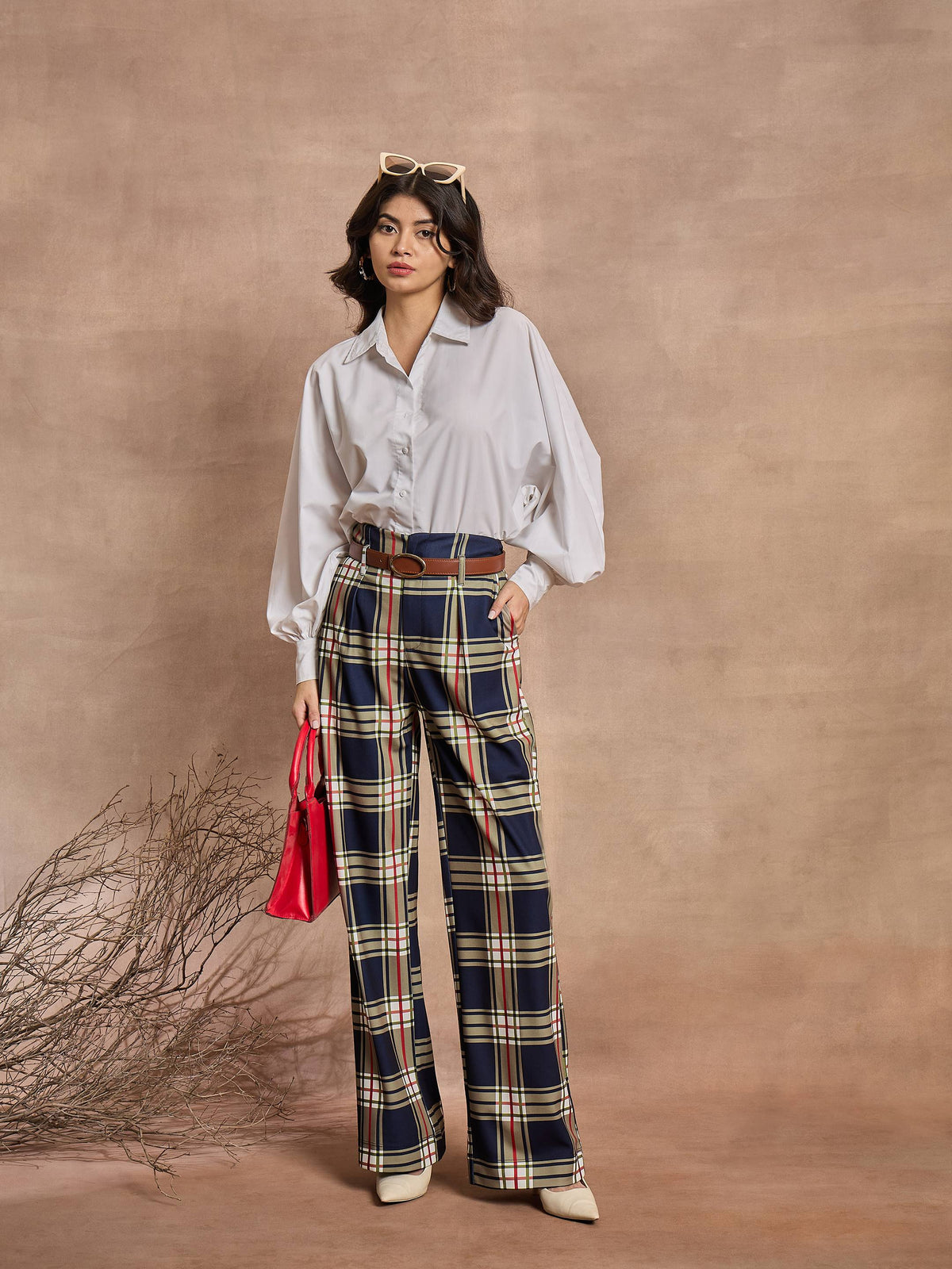 Navy Blue Check High Rise Wide Leg Pants-SASSAFRAS