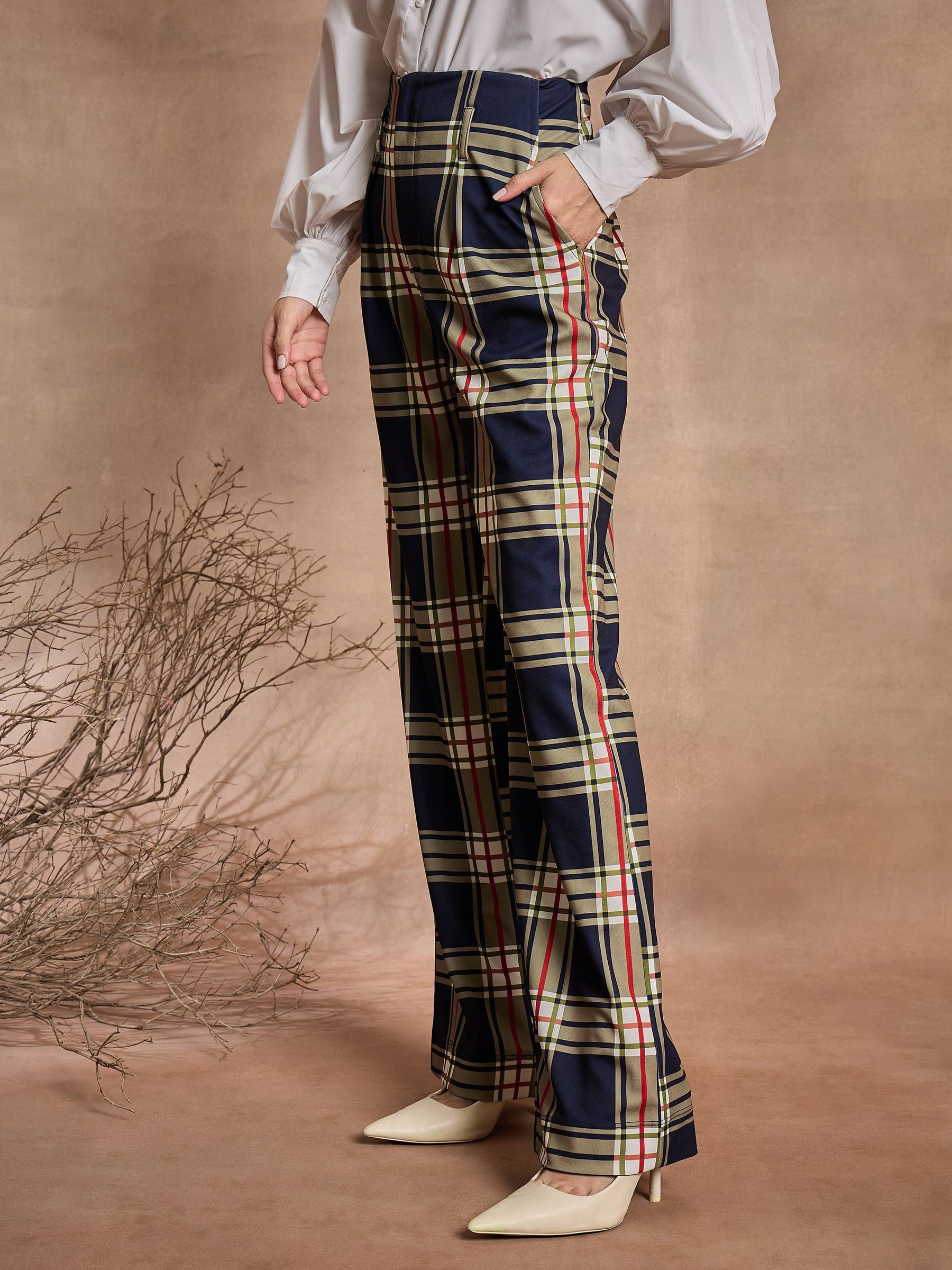 Navy Blue Check High Rise Wide Leg Pants-SASSAFRAS