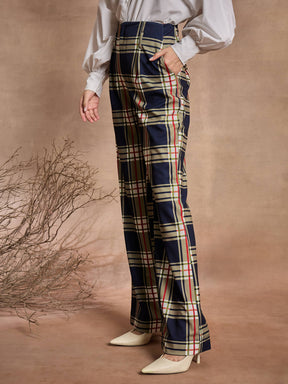 Navy Blue Check High Rise Wide Leg Pants-SASSAFRAS