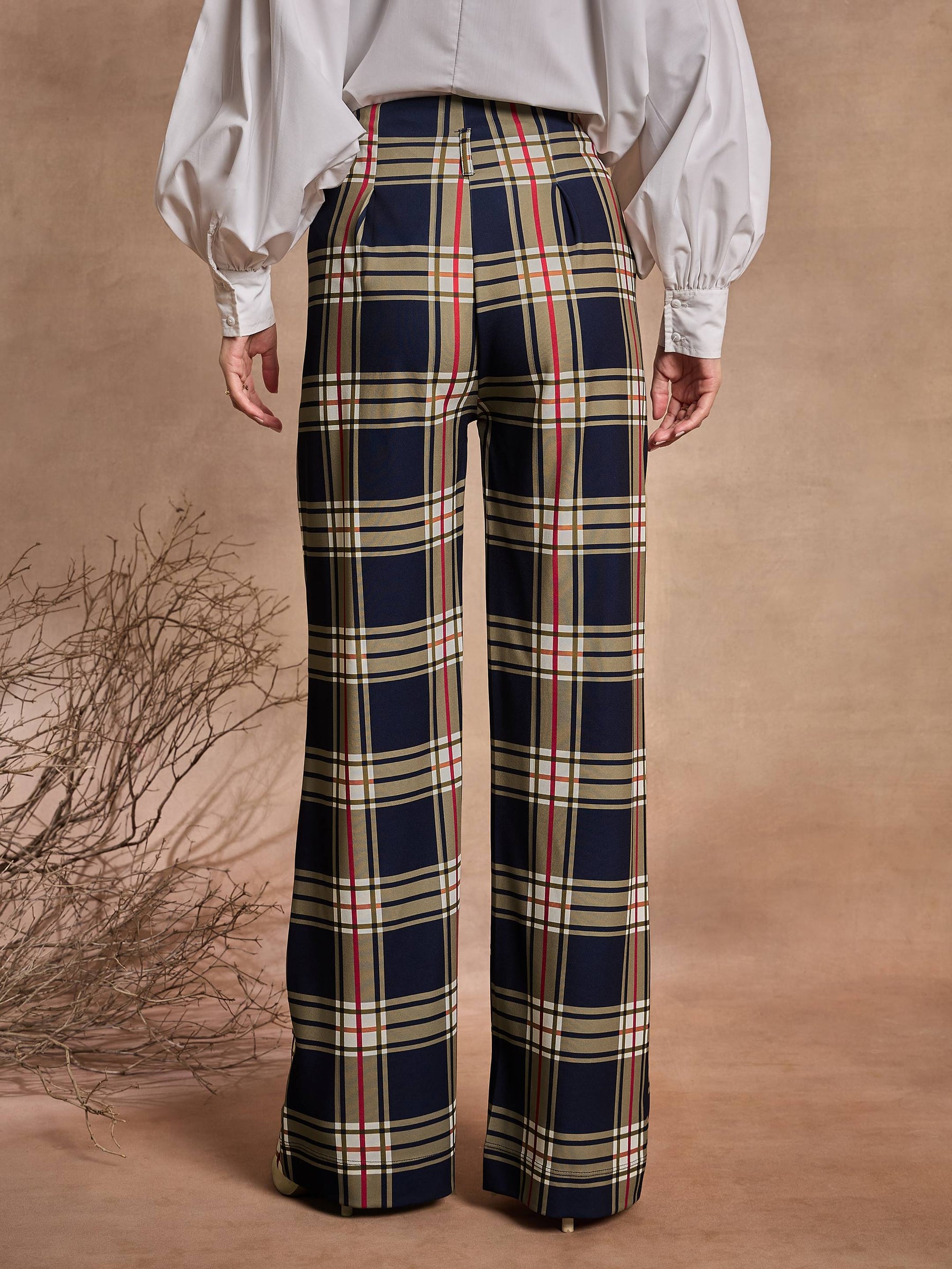 Navy Blue Check High Rise Wide Leg Pants-SASSAFRAS