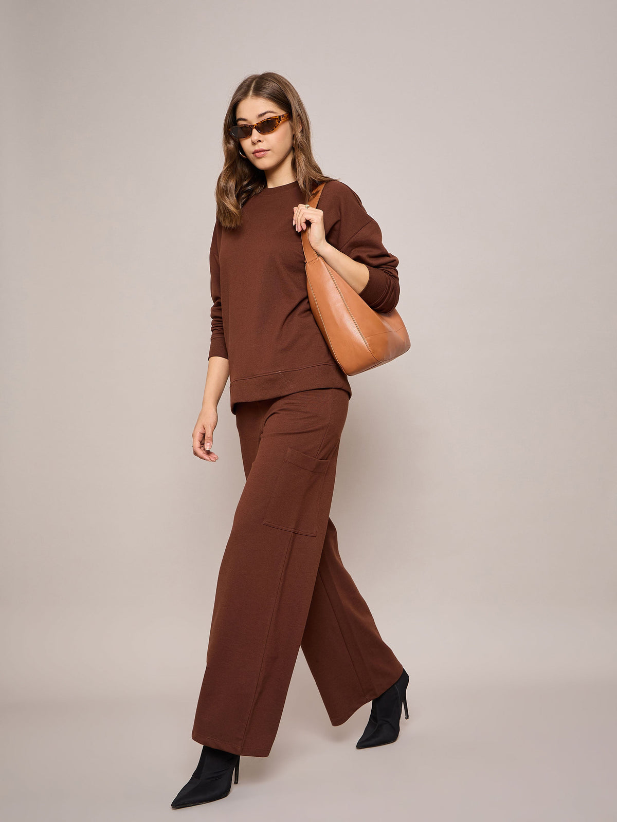 Brown Terry Wide Leg Track Pants-SASSAFRAS BASICS