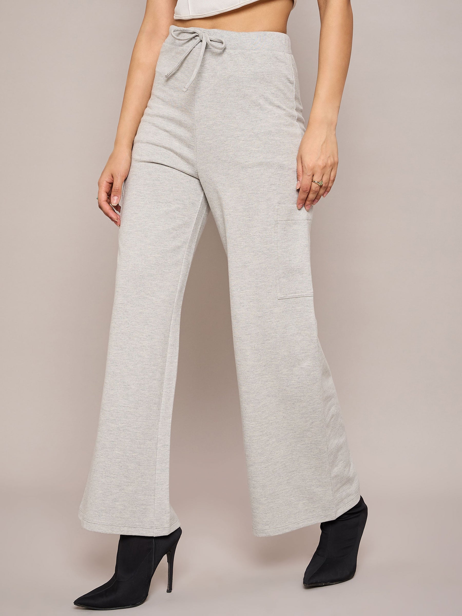 Grey Melange Terry Wide Leg Track Pants-SASSAFRAS BASICS