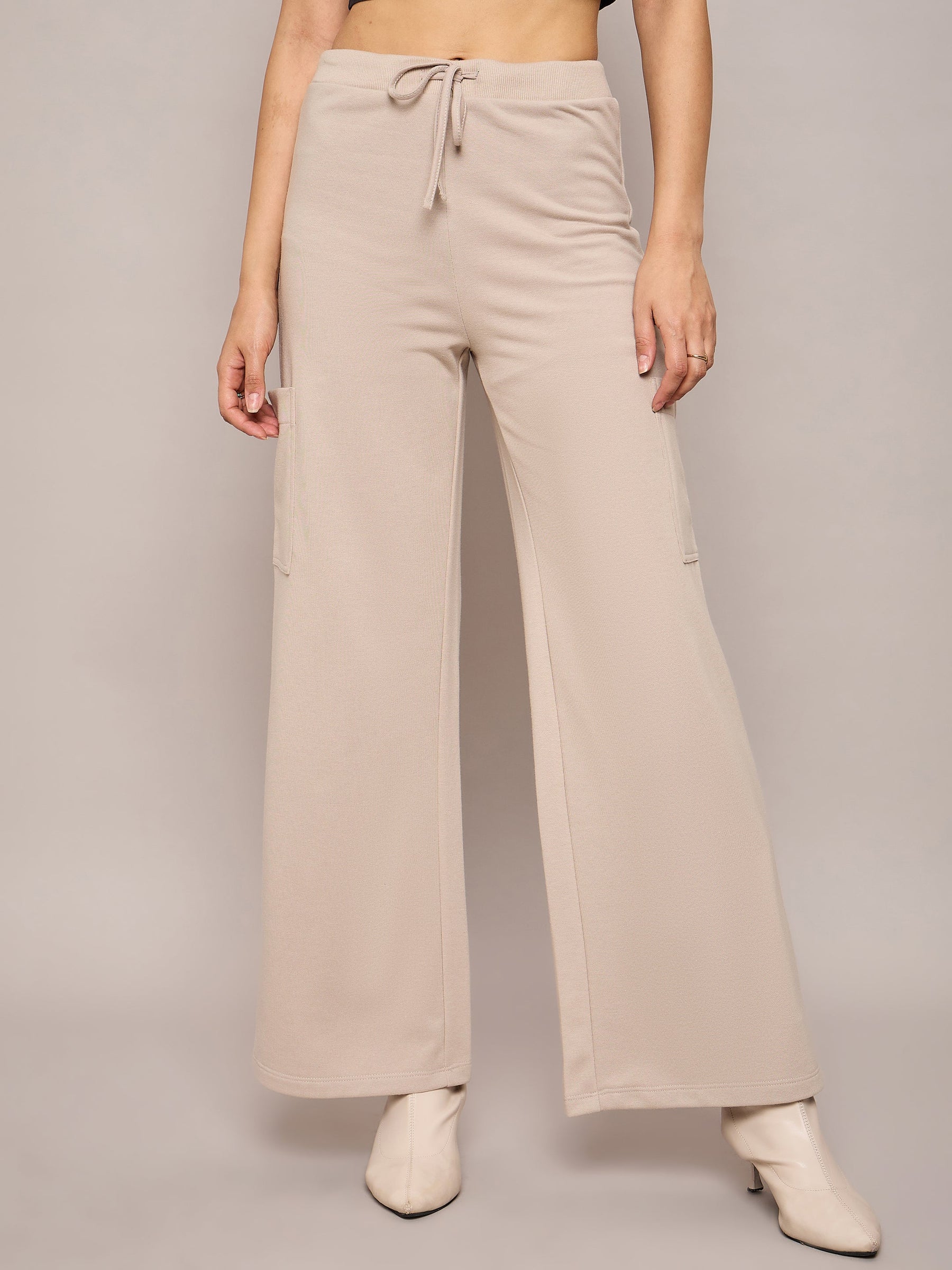 Taupe Terry Wide Leg Track Pants-SASSAFRAS BASICS