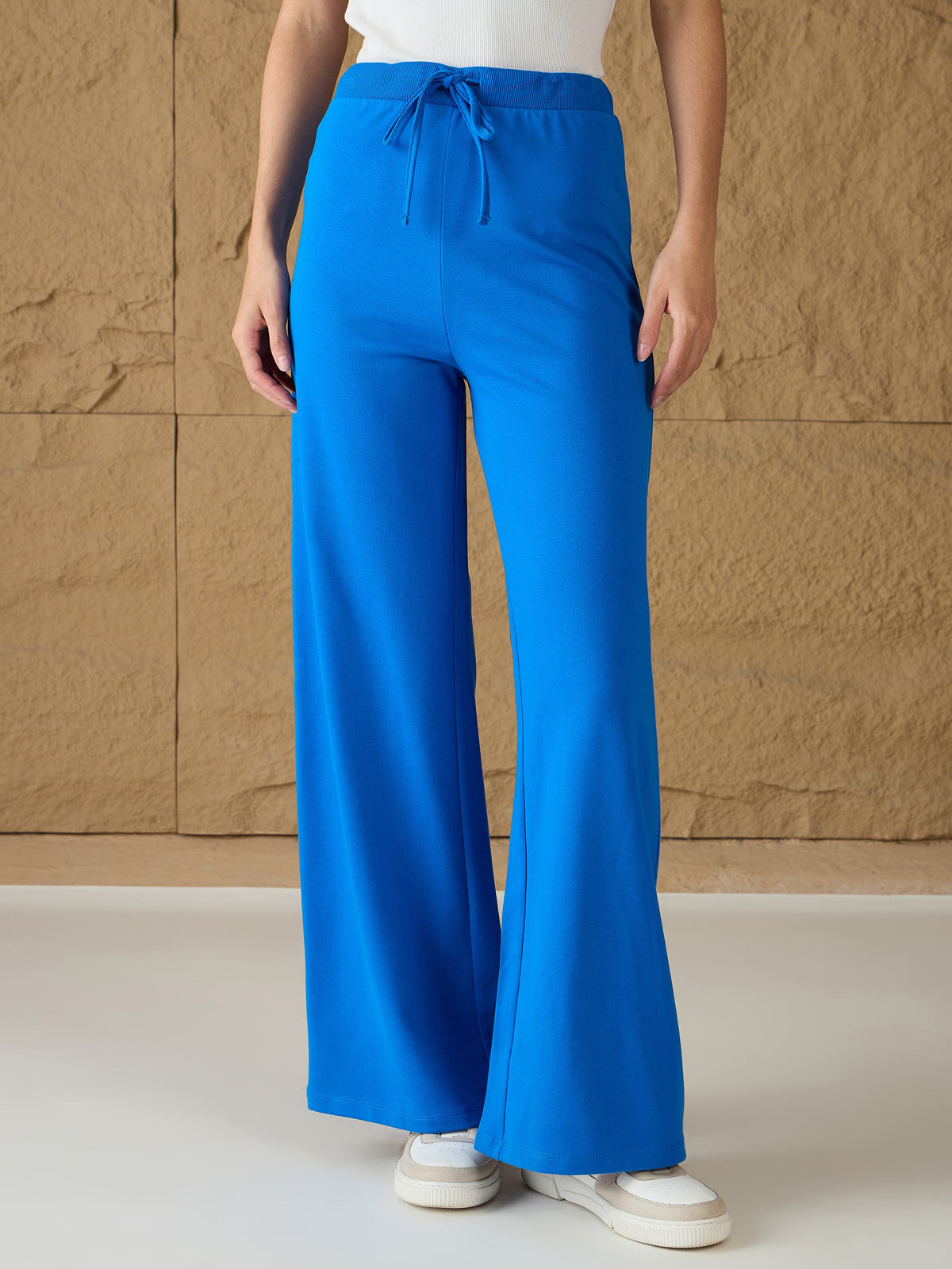 Royal Blue Terry Wide Leg Track Pants-SASSAFRAS