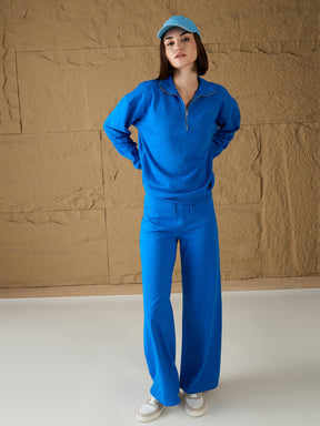 Royal Blue Terry Wide Leg Track Pants-SASSAFRAS