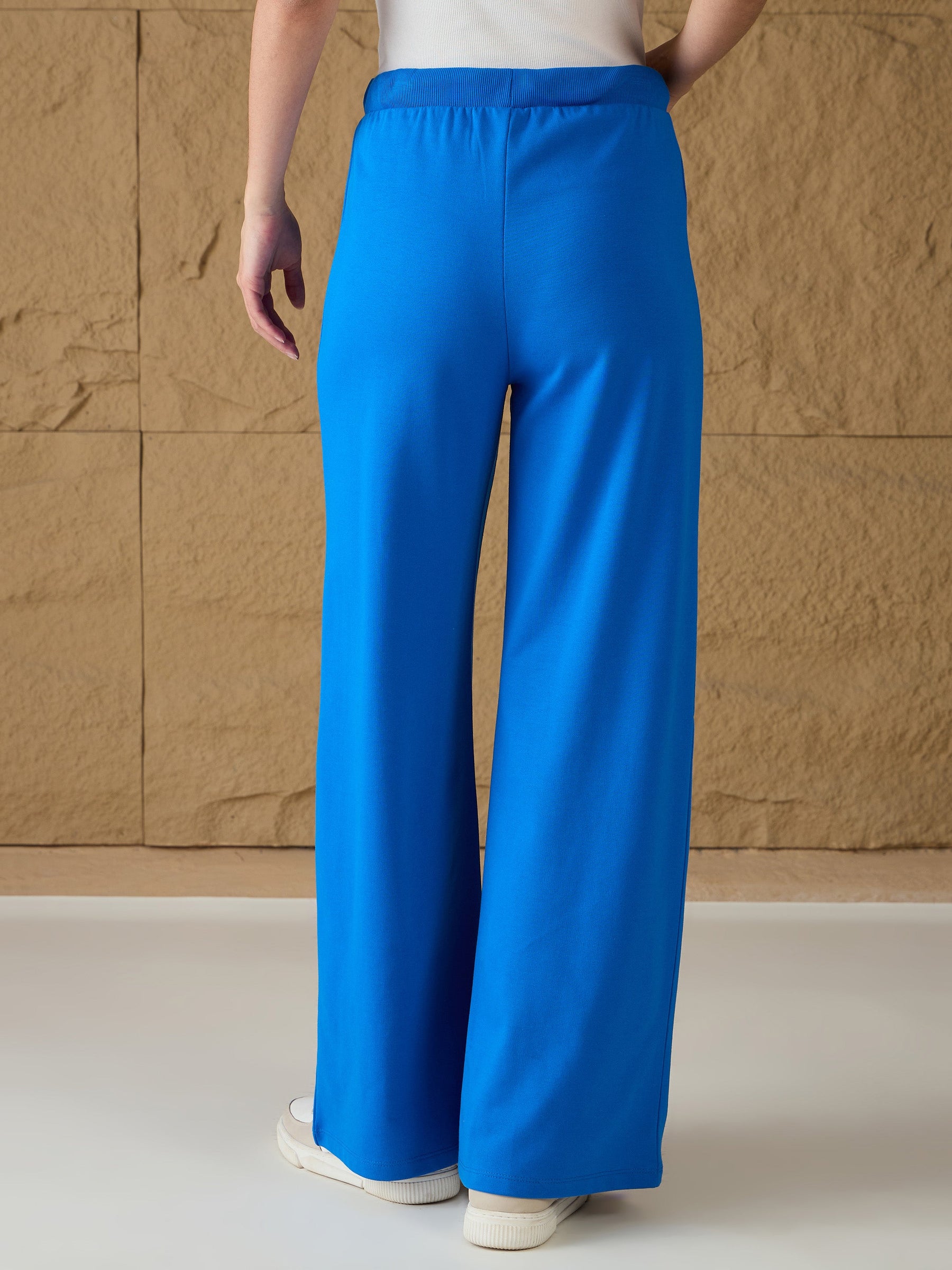 Royal Blue Terry Wide Leg Track Pants-SASSAFRAS