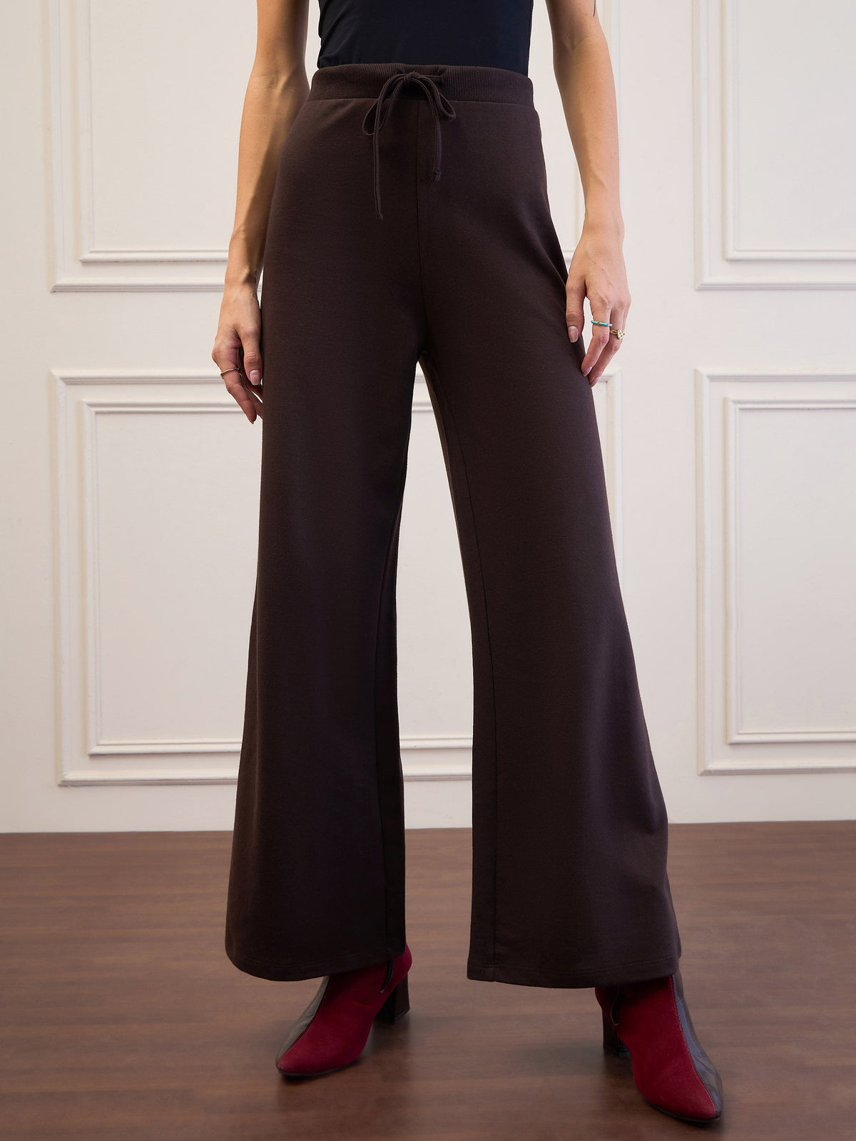 Dark Brown Terry Wide Leg Track Pants-SASSAFRAS