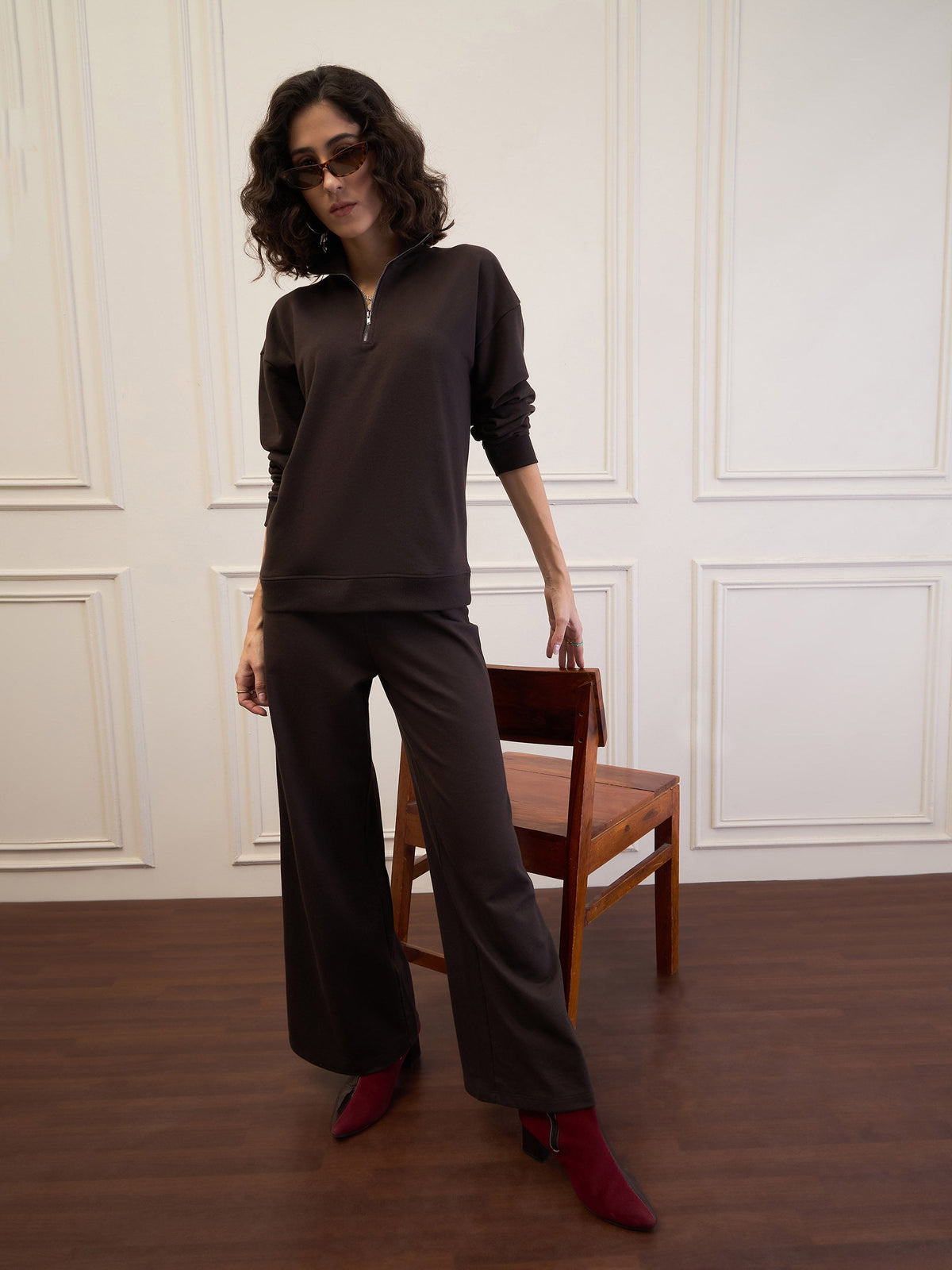 Dark Brown Terry Wide Leg Track Pants-SASSAFRAS