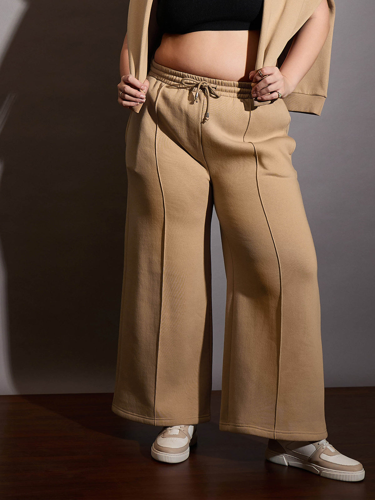 Beige Fleece Drawstring Sweatpants-SASSAFRAS Curve