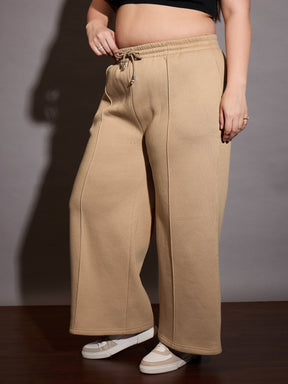 Beige Fleece Drawstring Sweatpants-SASSAFRAS Curve