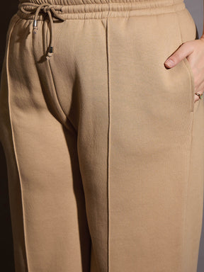 Beige Fleece Drawstring Sweatpants-SASSAFRAS Curve