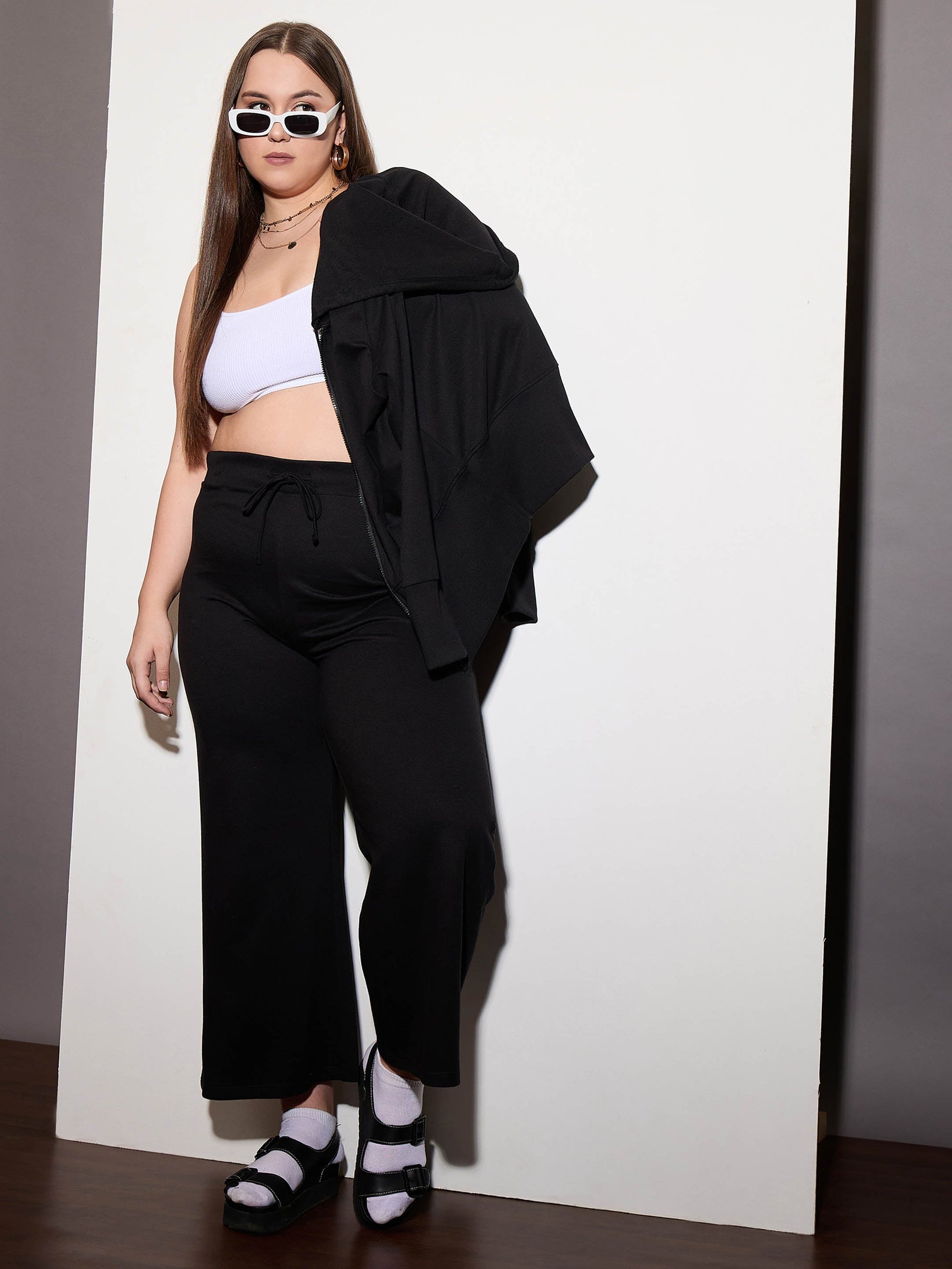 Black Terry Drawstring Track Pants-SASSAFRAS Curve