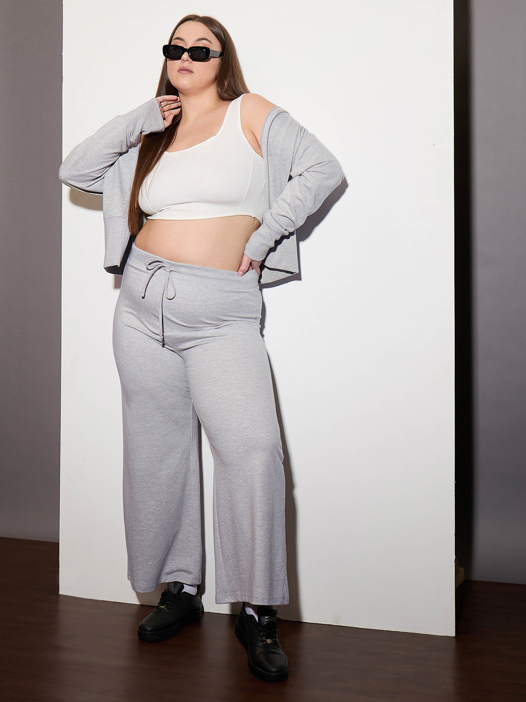 Grey Melange Terry Drawstring Track Pants-SASSAFRAS Curve