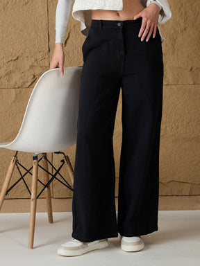 Black Denim Flared Pants-SASSAFRAS
