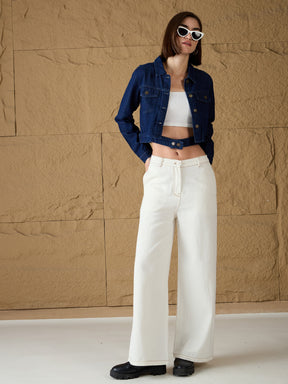 White Denim Flared Pants-SASSAFRAS