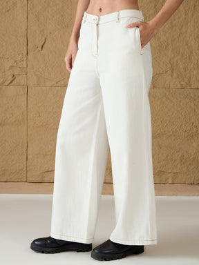 White Denim Flared Pants-SASSAFRAS