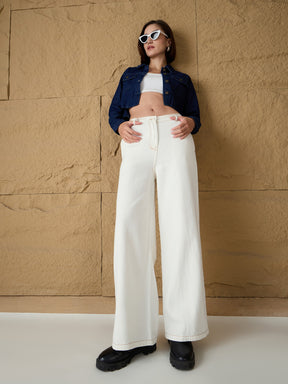 White Denim Flared Pants-SASSAFRAS