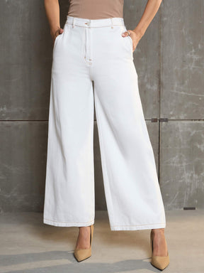 White Denim Flared Pants-SASSAFRAS