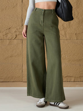 Olive Denim Flared Pants-SASSAFRAS