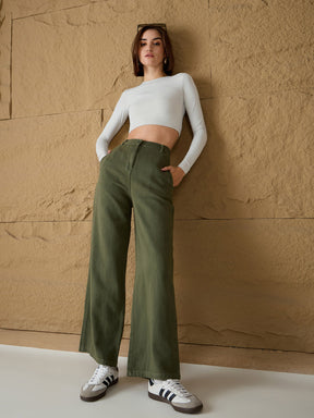 Olive Denim Flared Pants-SASSAFRAS