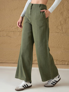 Olive Denim Flared Pants-SASSAFRAS