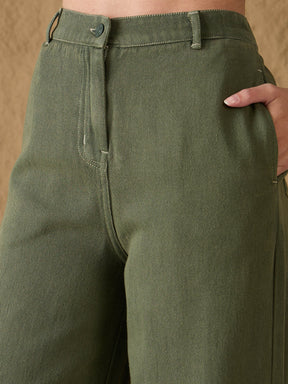 Olive Denim Flared Pants-SASSAFRAS