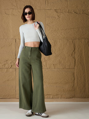 Olive Denim Flared Pants-SASSAFRAS