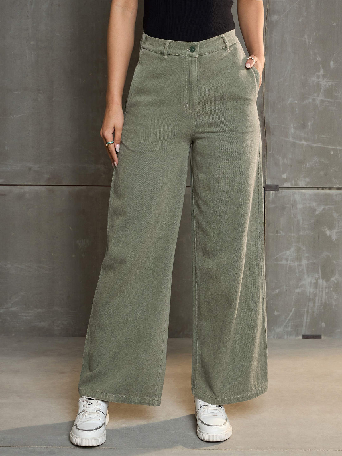 Olive Denim Flared Pants-SASSAFRAS