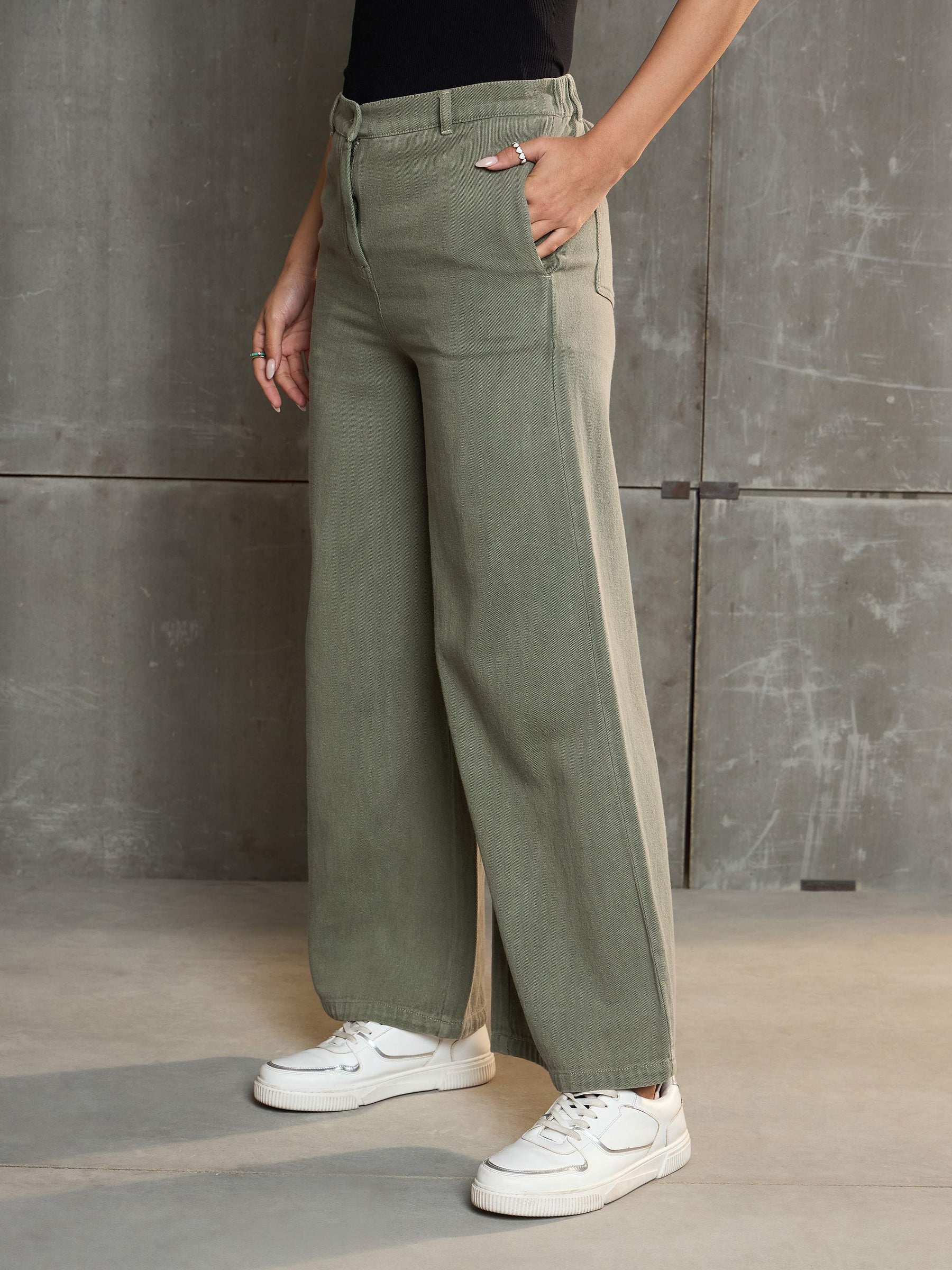 Olive Denim Flared Pants-SASSAFRAS