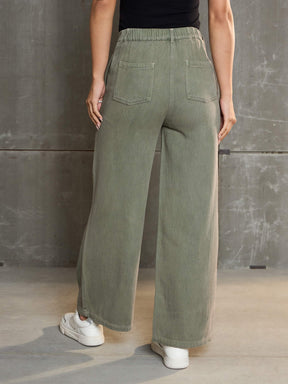 Olive Denim Flared Pants-SASSAFRAS