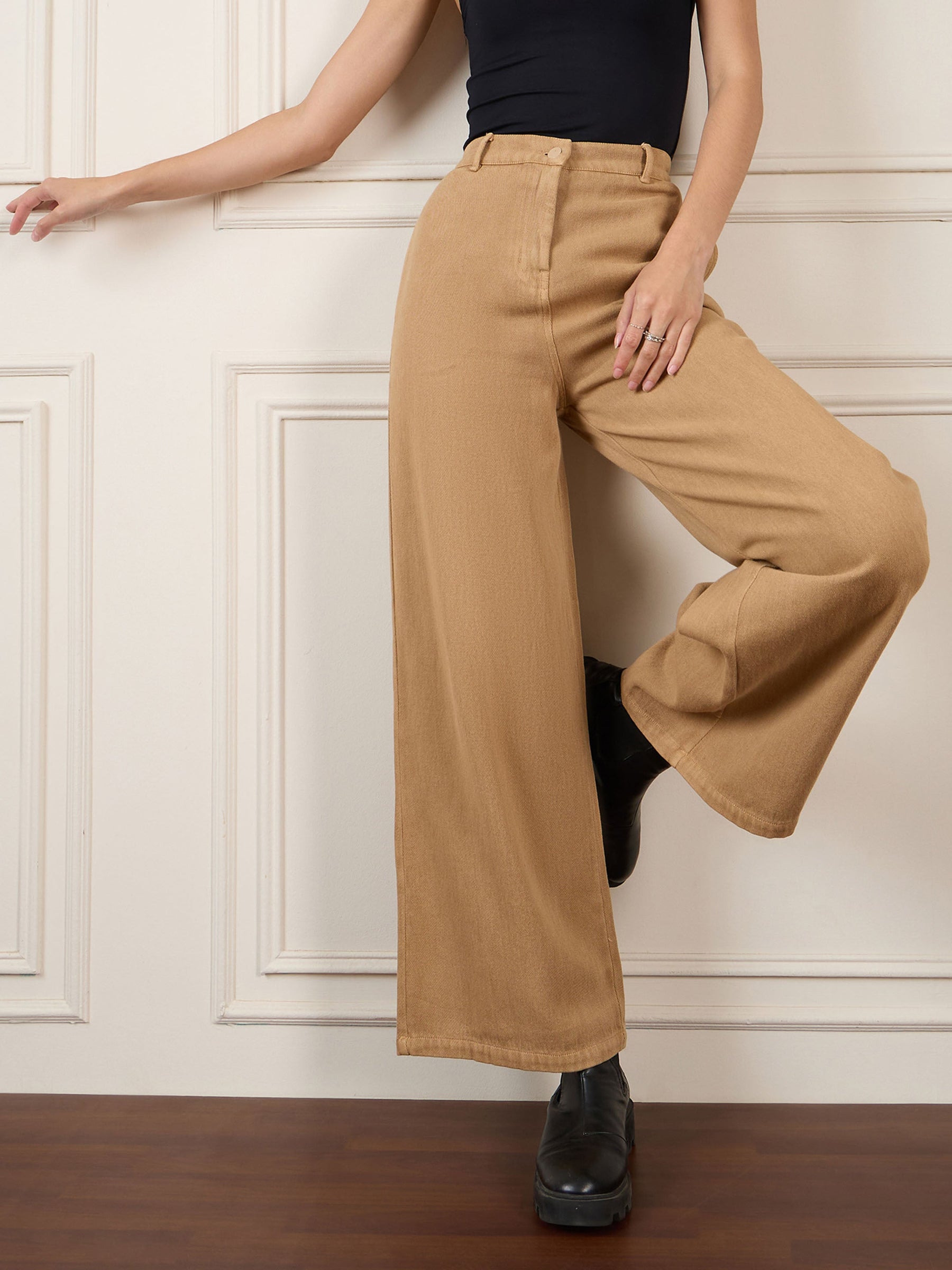Brown Denim Flared Pants-SASSAFRAS