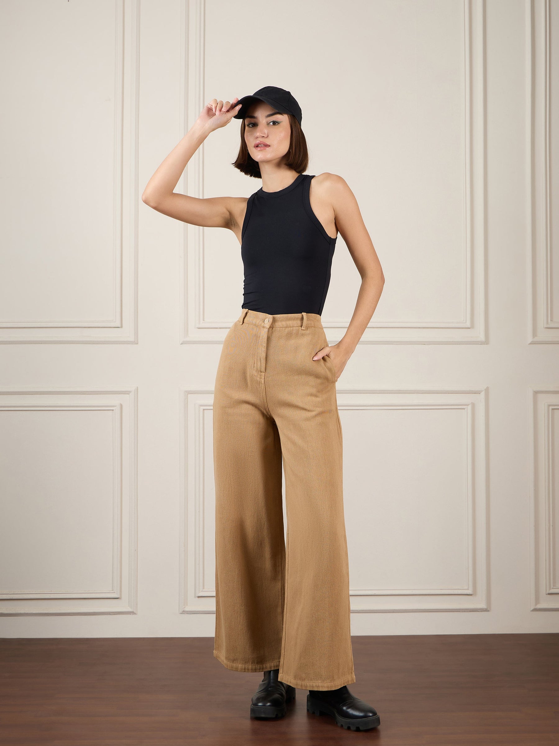 Brown Denim Flared Pants-SASSAFRAS