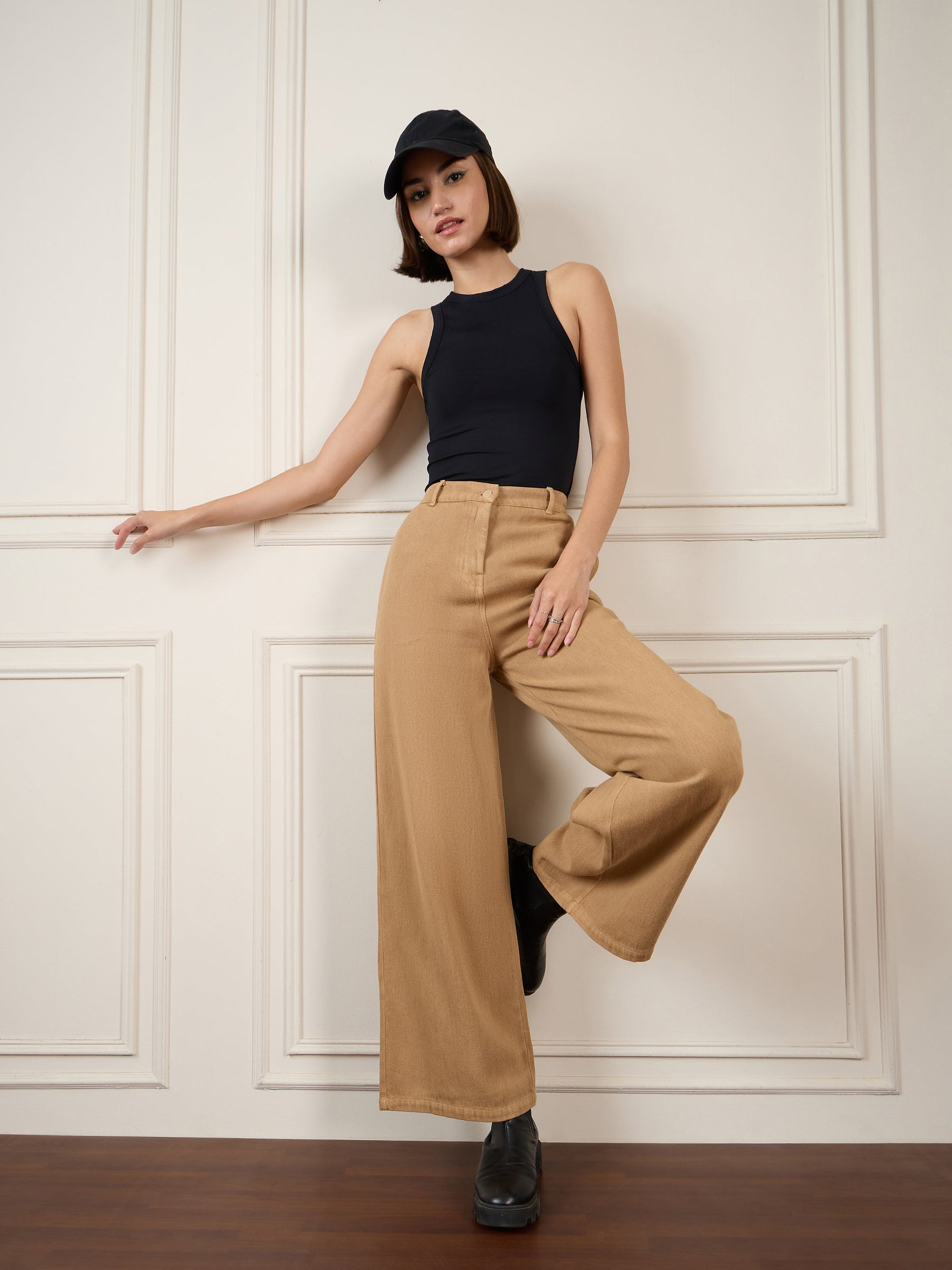 Brown Denim Flared Pants-SASSAFRAS