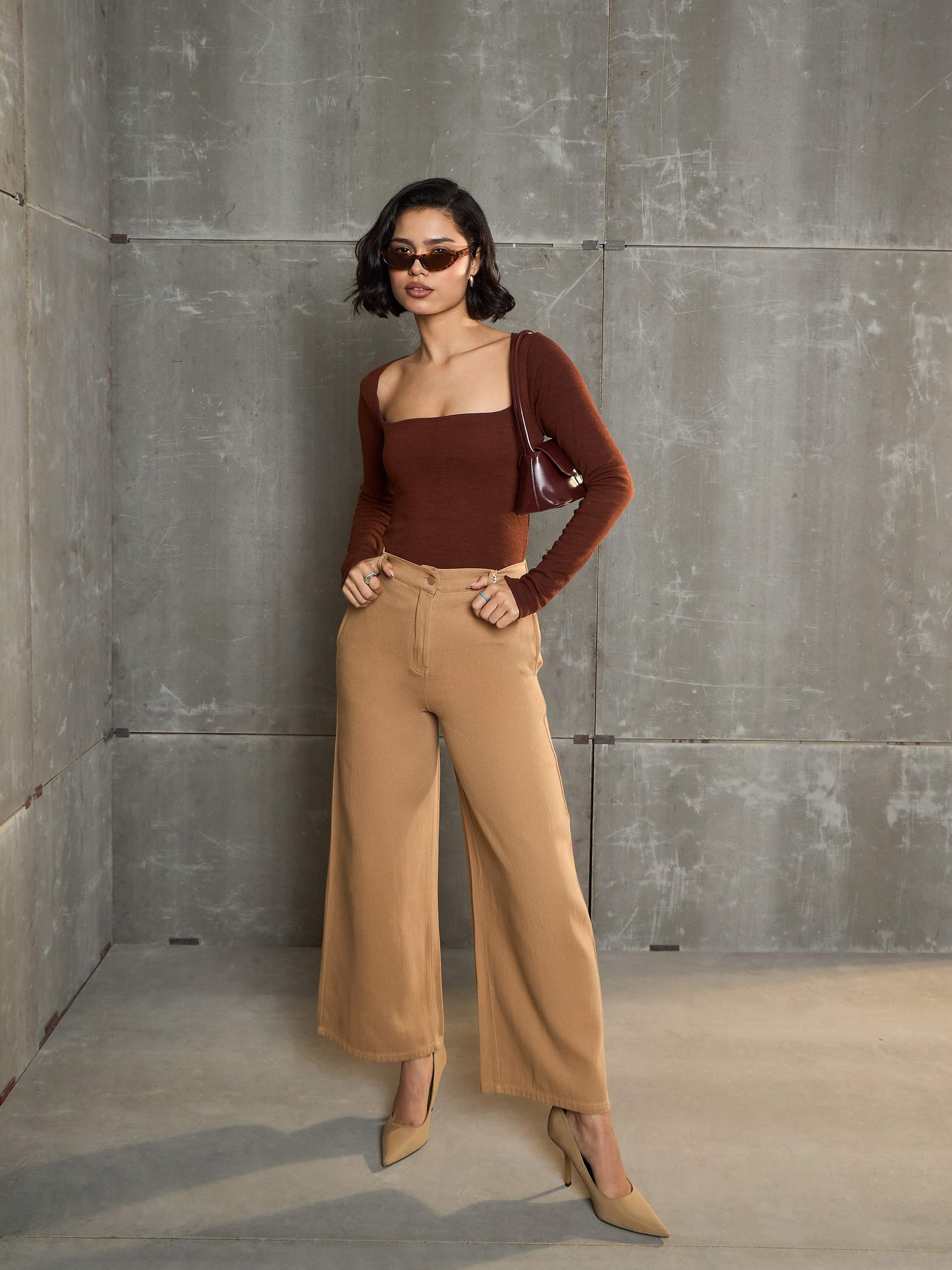 Brown Denim Flared Pants-SASSAFRAS