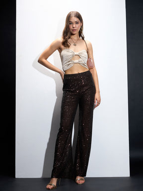 Brown Sequin Bell Bottom Pants-SASSAFRAS