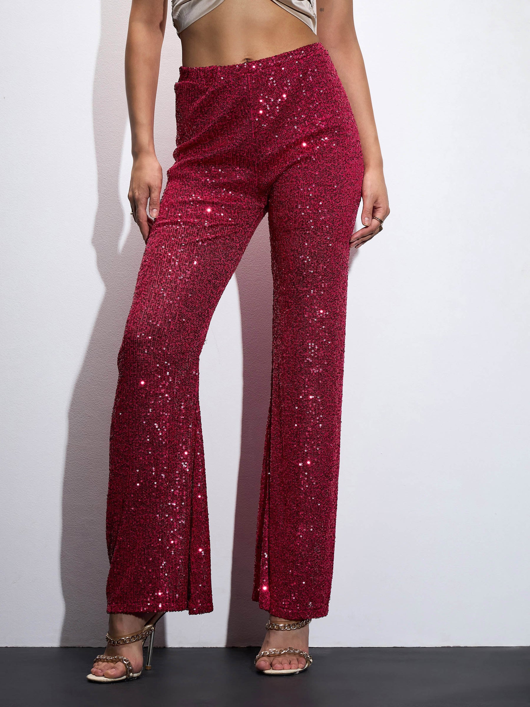 Fuchia Sequin Bell Bottom Pants-SASSAFRAS