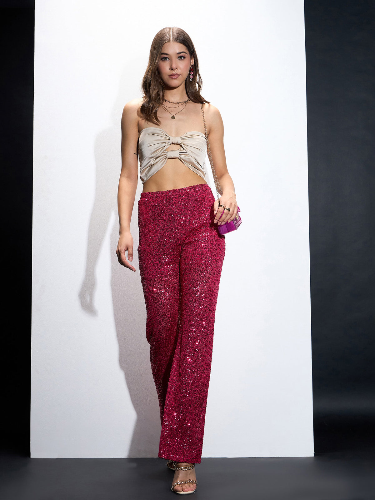 Fuchia Sequin Bell Bottom Pants-SASSAFRAS