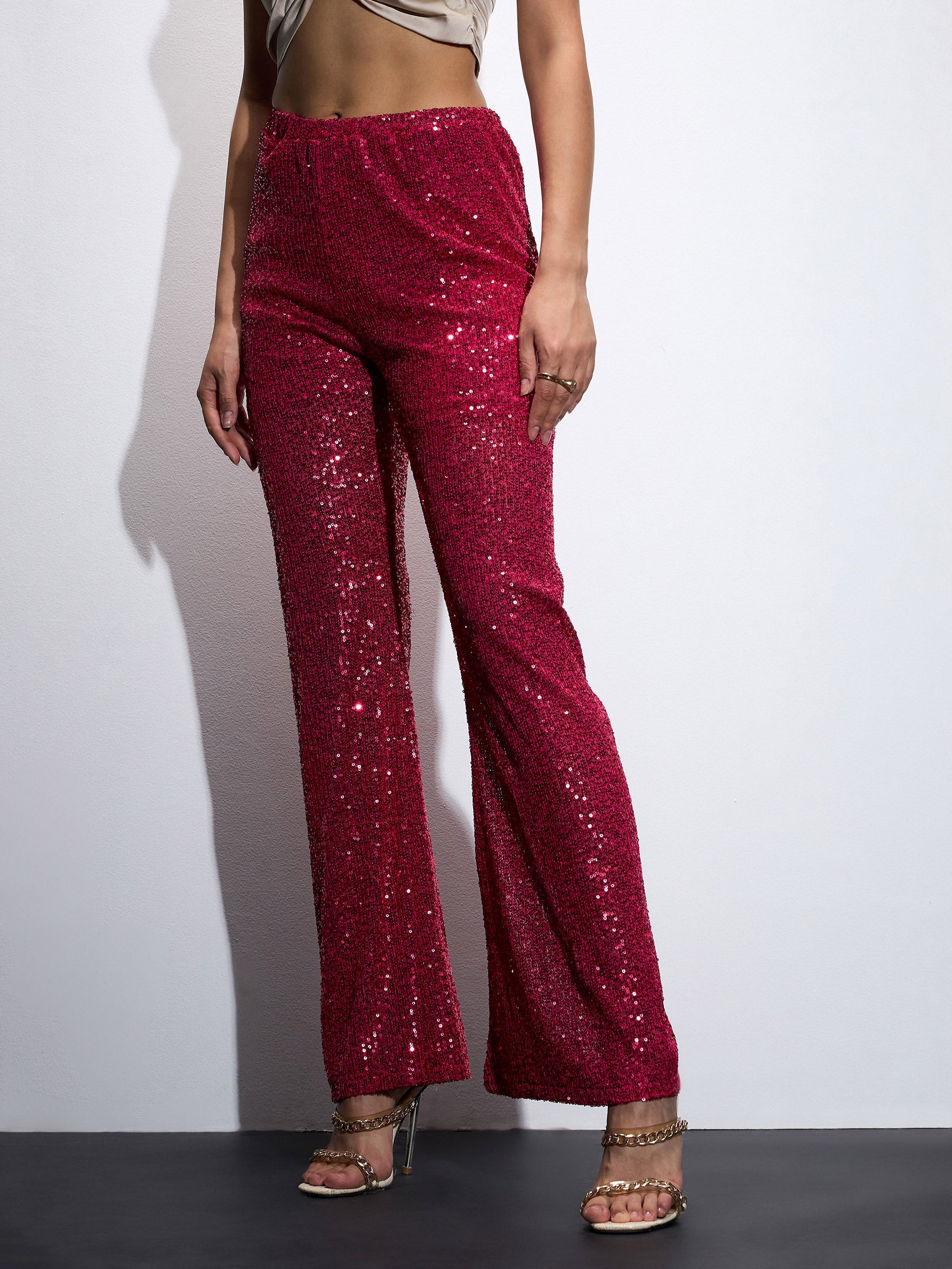 Fuchia Sequin Bell Bottom Pants-SASSAFRAS