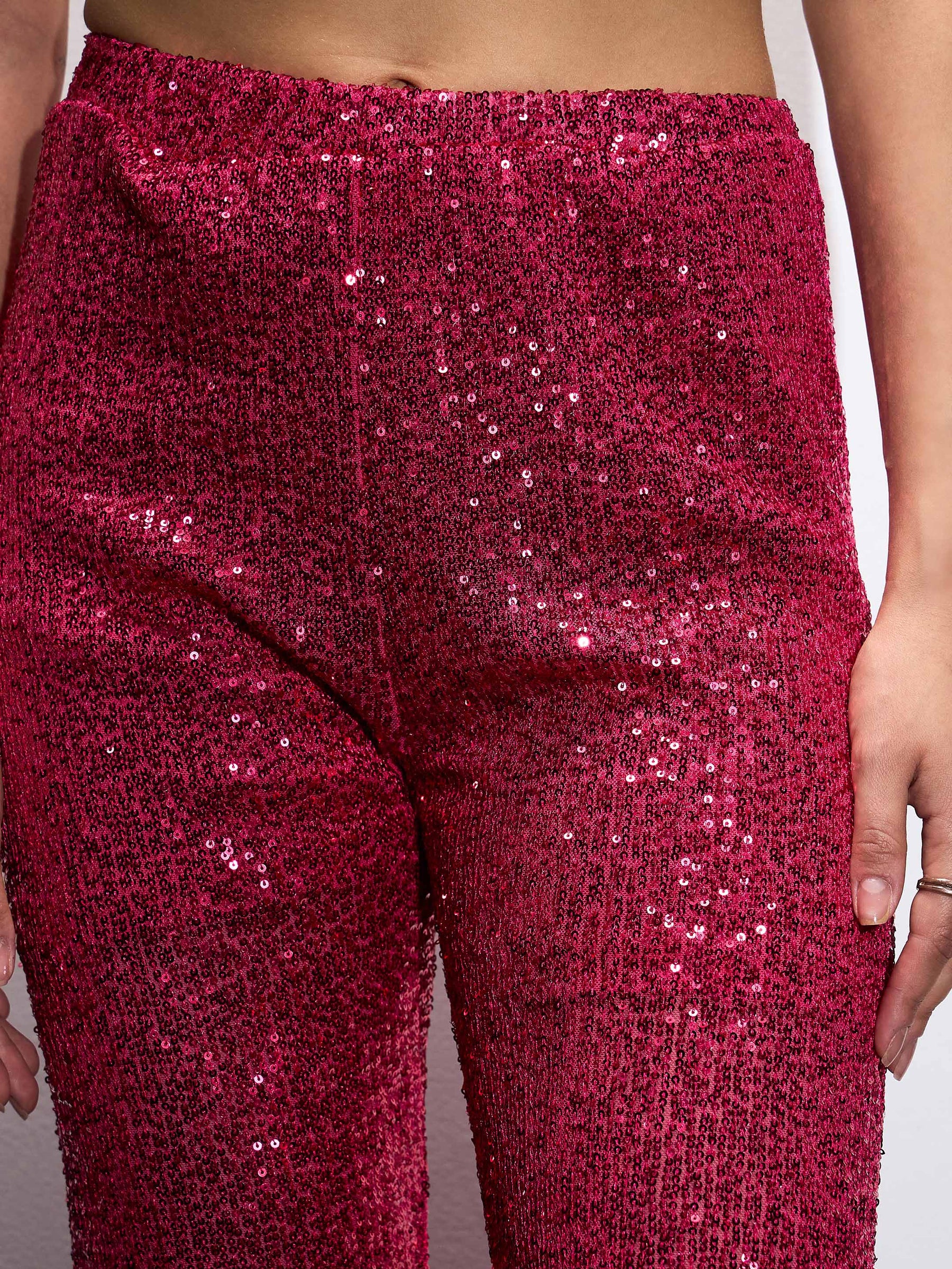 Fuchia Sequin Bell Bottom Pants-SASSAFRAS