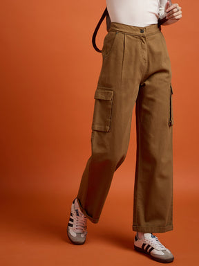 Tan Box Pockets Straight Cargo Pants-SASSAFRAS