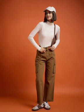 Tan Box Pockets Straight Cargo Pants-SASSAFRAS