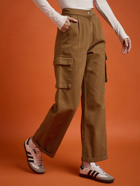 Tan Box Pockets Straight Cargo Pants-SASSAFRAS