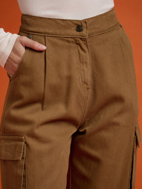 Tan Box Pockets Straight Cargo Pants-SASSAFRAS