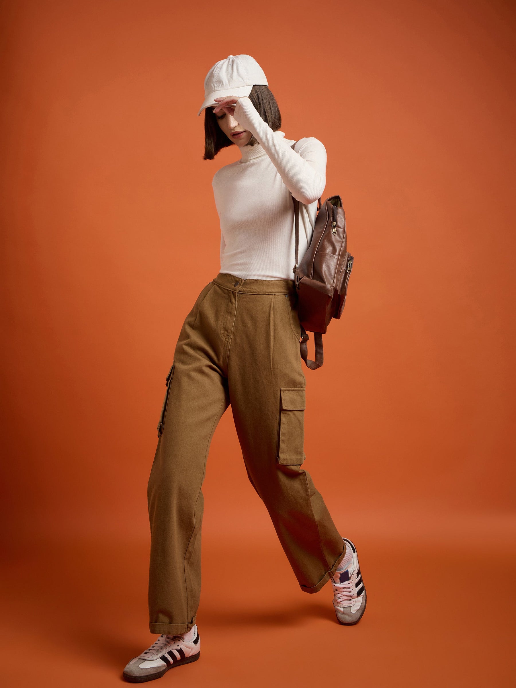 Tan Box Pockets Straight Cargo Pants-SASSAFRAS