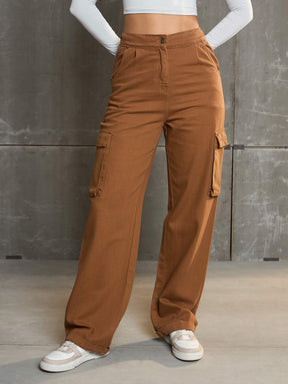 Tan Box Pockets Straight Cargo Pants-SASSAFRAS