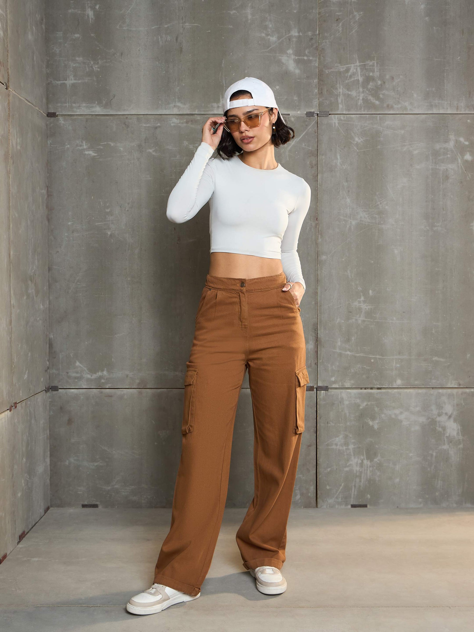 Tan Box Pockets Straight Cargo Pants-SASSAFRAS