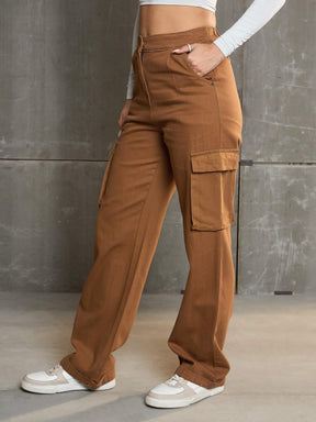 Tan Box Pockets Straight Cargo Pants-SASSAFRAS